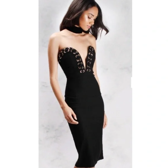 Rare London Eyelet Midi Dress Black Strapless New With Tags - Picture 2 of 3